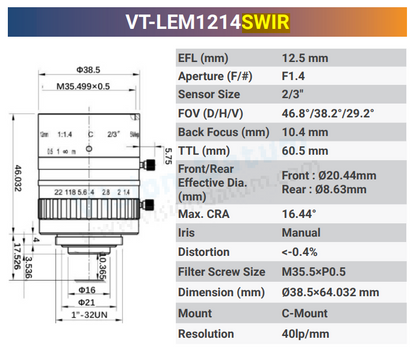 2/3'' 40lp/mm 12,5 mm F1.4 C-Mount SWIR-Objektiv
