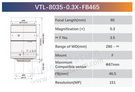 151MP 80mm M72/F-Mount Large Format Lens 0.3X Ø67 VTL-0.3X-FB - Vision Datum