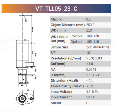2/3-inch liquid telecentric lens for PCB inspection and automated optical inspection systems
