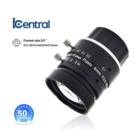 2/3" 10MP 8mm 12mm 25mm Low Distortion C-mount iCentral fixed-focus lens - Vision Datum