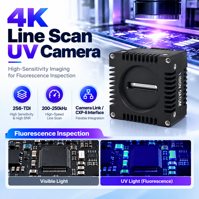 256-TDI UV camera for low-light fluorescence detection and fluorescence inspection