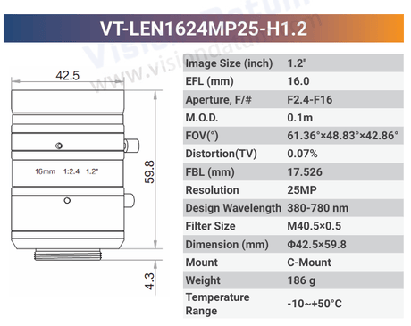 25MP 1.2" f2.4 380-780nm C-mount Industrial Fixed Lens | LENxxMP25-H1.2 - Vision Datum