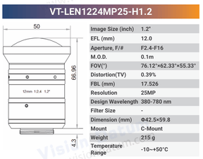 25MP 1.2" f2.4 380-780nm C-mount Industrial Fixed Lens | LENxxMP25-H1.2 - Vision Datum
