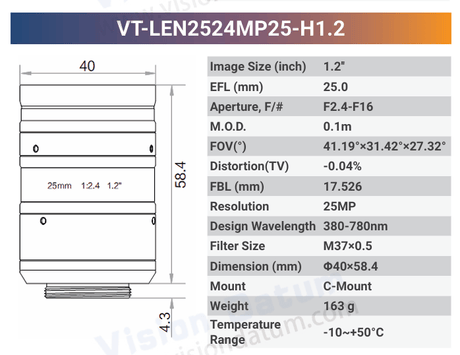 25MP 1.2" f2.4 380-780nm C-mount Industrial Fixed Lens | LENxxMP25-H1.2 - Vision Datum