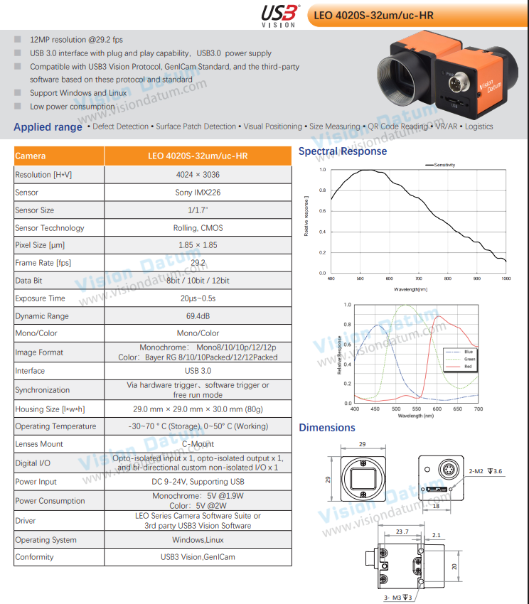 High Resolution 12MP 30FPS IMX226 CMOS USB3.0 GigE industrial Camera