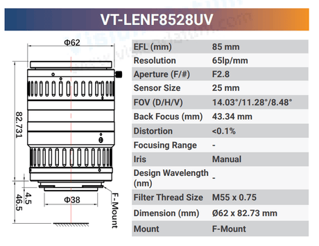 65lp/mm 85mm 78mm F-Mount UV Lenses - Vision Datum