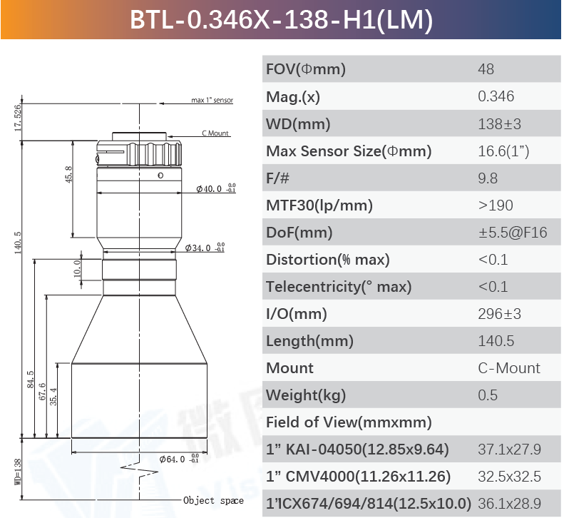 1" C-Mount Optical Lens High Precision Bi-Telecentric Mahcine Vision Lenses