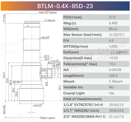 BTLM-23 Coaxial Optional 2/3" 0.4X 0.5X C-Mount Telecentric Lens for Precise Inspection - Vision Datum