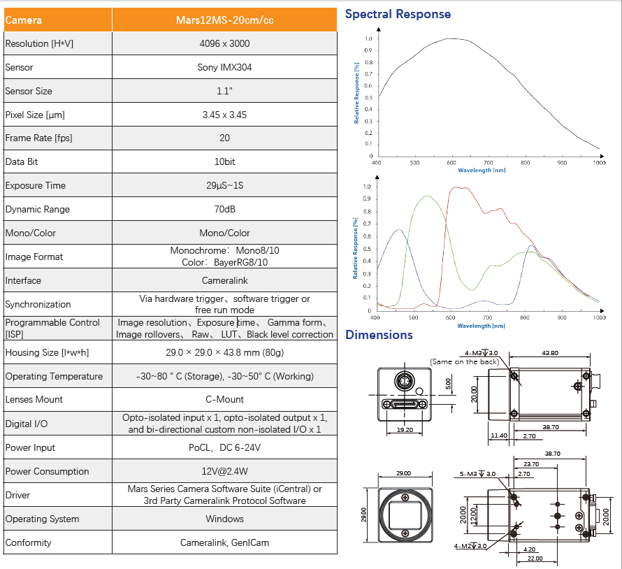 12MP IMX304 20FPS CameraLink Global Shutter Area Scan Camera Mars12MS-20cm/cc - Vision Datum