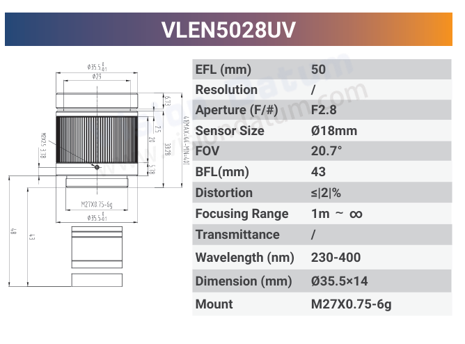 VLEN-UV 1.1" - 1.6" C-Mount / T-Mount Large Format UV Lens