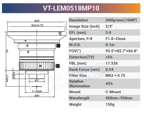2/3''  8MP  400-950nm C-Mount Fixed Lenses VT-LEM0814CBMP8 - Vision Datum