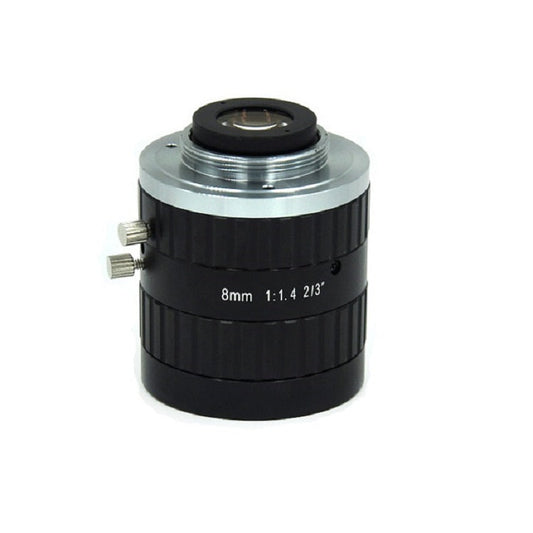 VisionDatum Industrial Lens with C-mount, a maximum image circle of 2/3", a fixed focal length of 8.0 mm, Aperture F1.4 and a high resolution of 8 megapixels.Applications: scratch inspection,packaging inspection,reading barcodes,3D realization,visual quality inspection.