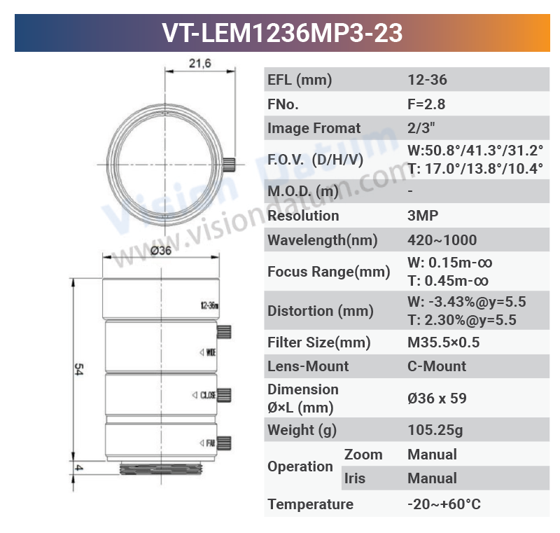 12-36mm 10MP 2/3"  C-Mount Manual Zoom Iris Lenses VT-LEM1236MP10