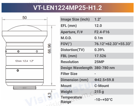 25MP 1.2" f2.4 380-780nm C-mount Industrial Fixed Lens | LENxxMP25-H1.2 - Vision Datum
