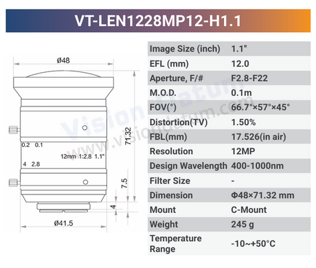 VT-LENxxMP12-H1.1 12MP 1.1'' Visible & NIR 400-1000nm C-Mount Fixed Lens | 12mm 16mm 50mm - Vision Datum
