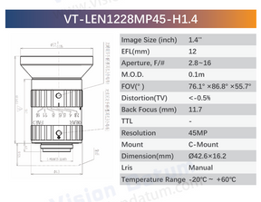 1.4" 45MP F2.8–F16 C-Mount Industrial Fixed Lens | VT-LENxxMP45-H1.4 - Vision Datum