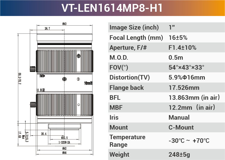1" 10MP C-Mount Machine Vision Lenses with Lock