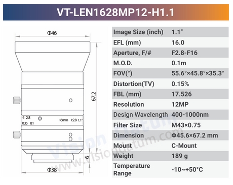 VT-LENxxMP12-H1.1 12MP 1.1'' Visible & NIR 400-1000nm C-Mount Fixed Lens | 12mm 16mm 50mm - Vision Datum