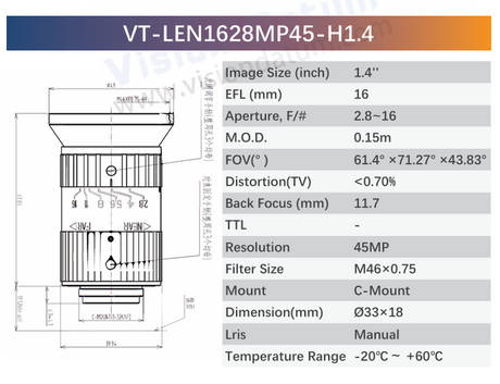 1.4" 45MP F2.8–F16 C-Mount Industrial Fixed Lens | VT-LENxxMP45-H1.4 - Vision Datum