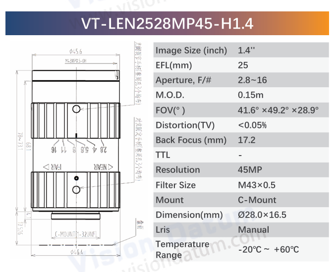 1.4" 45MP F2.8–F16 C-Mount Industrial Fixed Lens | VT-LENxxMP45-H1.4 - Vision Datum
