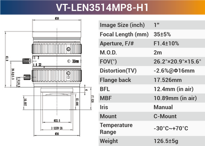 1" 8-10MP C-Mount Machine Vision Lenses with Lock