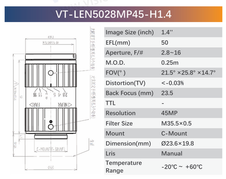 1.4" 45MP F2.8–F16 C-Mount Industrial Fixed Lens | VT-LENxxMP45-H1.4 - Vision Datum