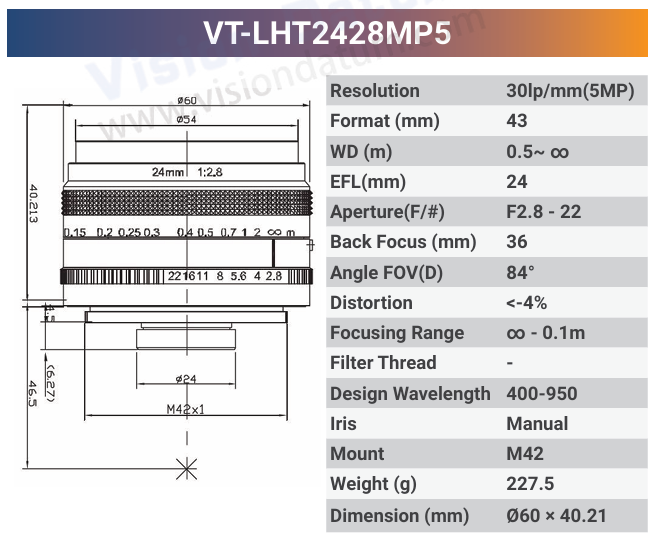 VT-LHF/T-MP5 5MP Large Format F/T Mount Lens for 4K Line Scan Cameras