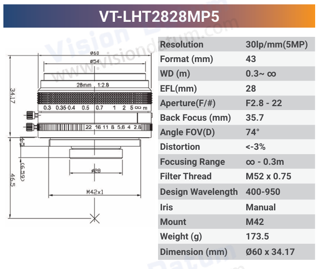 VT-LHF/T-MP5 5MP Large Format F/T Mount Lens for 4K Line Scan Cameras