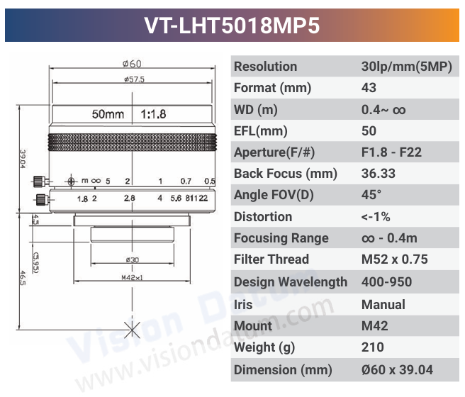 VT-LHF/T-MP5 5MP Large Format F/T Mount Lens for 4K Line Scan Cameras