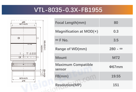 151MP 80mm M72/F-Mount Large Format Lens 0.3X Ø67 VTL-0.3X-FB - Vision Datum