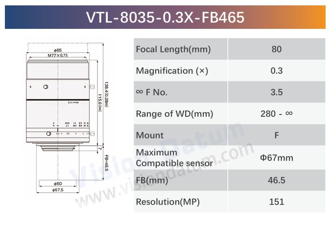 151MP 80mm M72/F-Mount Large Format Lens 0.3X Ø67 VTL-0.3X-FB - Vision Datum