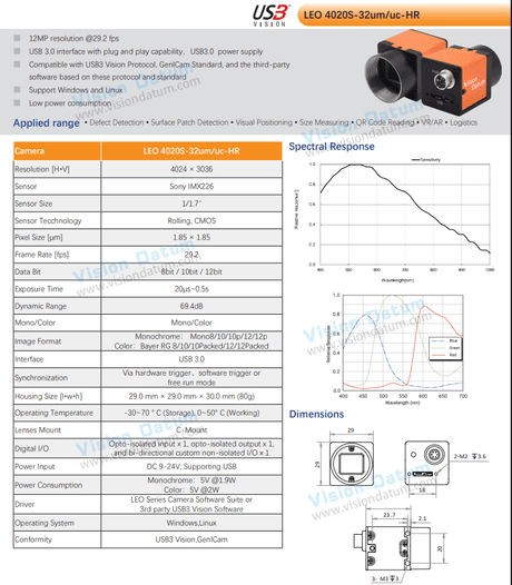 High Resolution 12MP 30FPS IMX226 CMOS USB3.0 GigE industrial Camera - Vision Datum