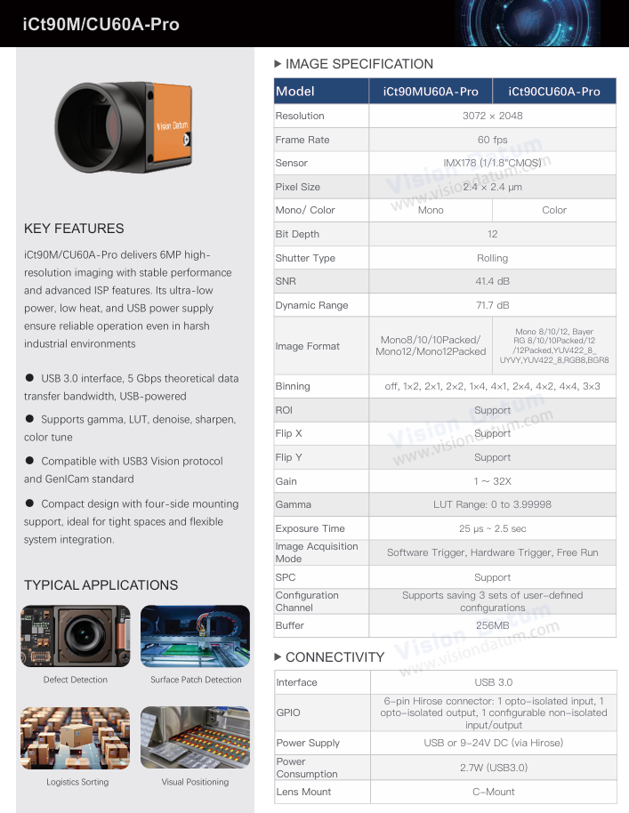 Datasheet for 6MP 60FPS IMX178 USB3.0 rolling shutter camera with Sony CMOS sensor for machine vision applications.