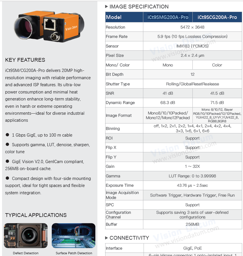High Speed 12MP 68fps 10GigE IMX253 Global Shutter Camera Mars12MS-68Tgc/Tgm-M58 - Vision Datum