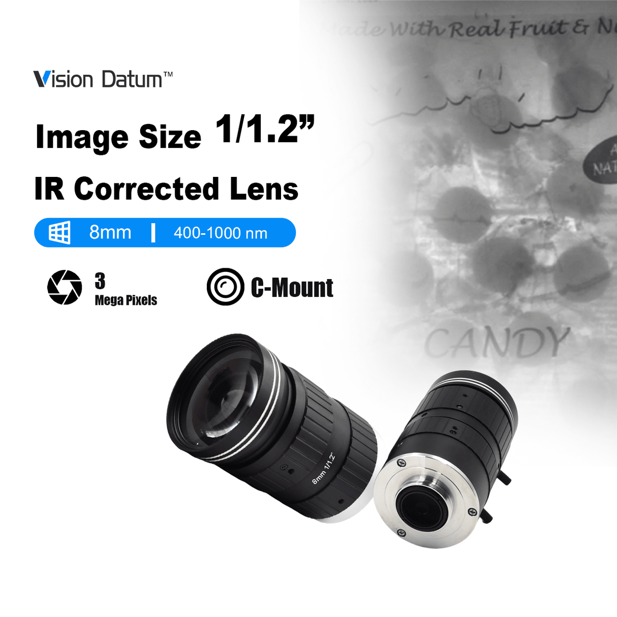 IR corrected machine vision lens supporting 400-1000nm visible and near infrared imaging with stable focus performance