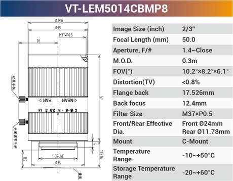 LEMxxCBMP8 2/3" C-Mount Fixed Lenses | 2MP / 8MP / 10MP | 5–100mm for Area Scan Cameras - Vision Datum
