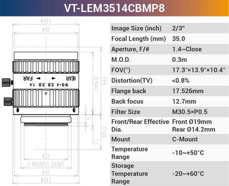 LEMxxCBMP8 2/3" C-Mount Fixed Lenses | 2MP / 8MP / 10MP | 5–100mm for Area Scan Cameras - Vision Datum