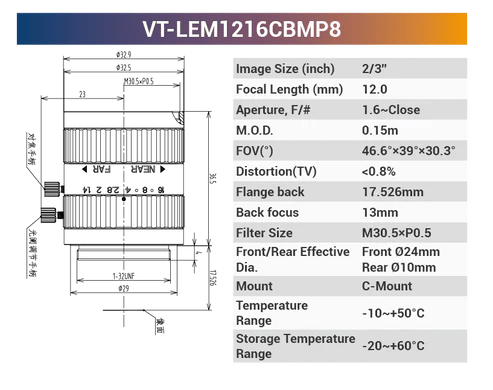 LEMxxCBMP8 2/3" C-Mount Fixed Lenses | 2MP / 8MP / 10MP | 5–100mm for Area Scan Cameras - Vision Datum