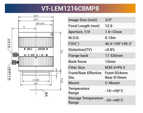 LEMxxCBMP8 2/3" C-Mount Fixed Lenses | 2MP / 8MP / 10MP | 5–100mm for Area Scan Cameras - Vision Datum