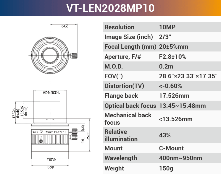LEMxxCBMP8 2/3" C-Mount Fixed Lenses | 2MP / 8MP / 10MP | 5–100mm for Area Scan Cameras - Vision Datum