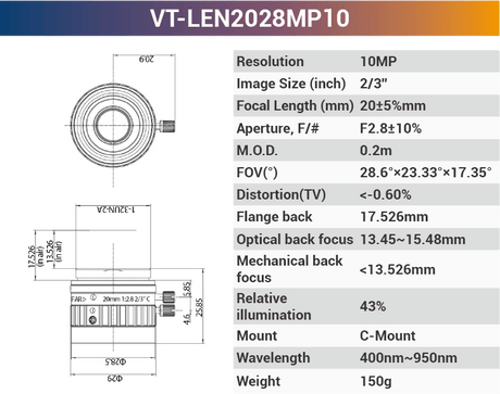 LEMxxCBMP8 2/3" C-Mount Fixed Lenses | 2MP / 8MP / 10MP | 5–100mm for Area Scan Cameras - Vision Datum