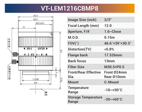 LEMxxCBMP8 2/3" C-Mount Fixed Lenses | 2MP / 8MP / 10MP | 5–100mm for Area Scan Cameras - Vision Datum