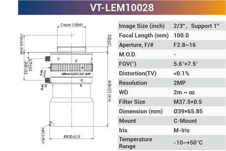 LEMxxCBMP8 2/3" C-Mount Fixed Lenses | 2MP / 8MP / 10MP | 5–100mm for Area Scan Cameras - Vision Datum