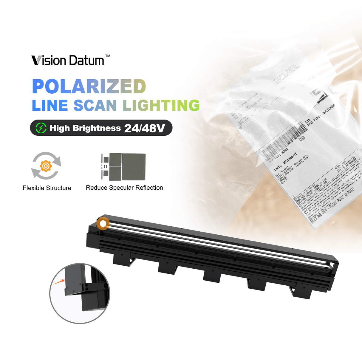 Polarized Line Scan Lighting LED illumination 24V 48V Machine Vision Light RGB - Vision Datum