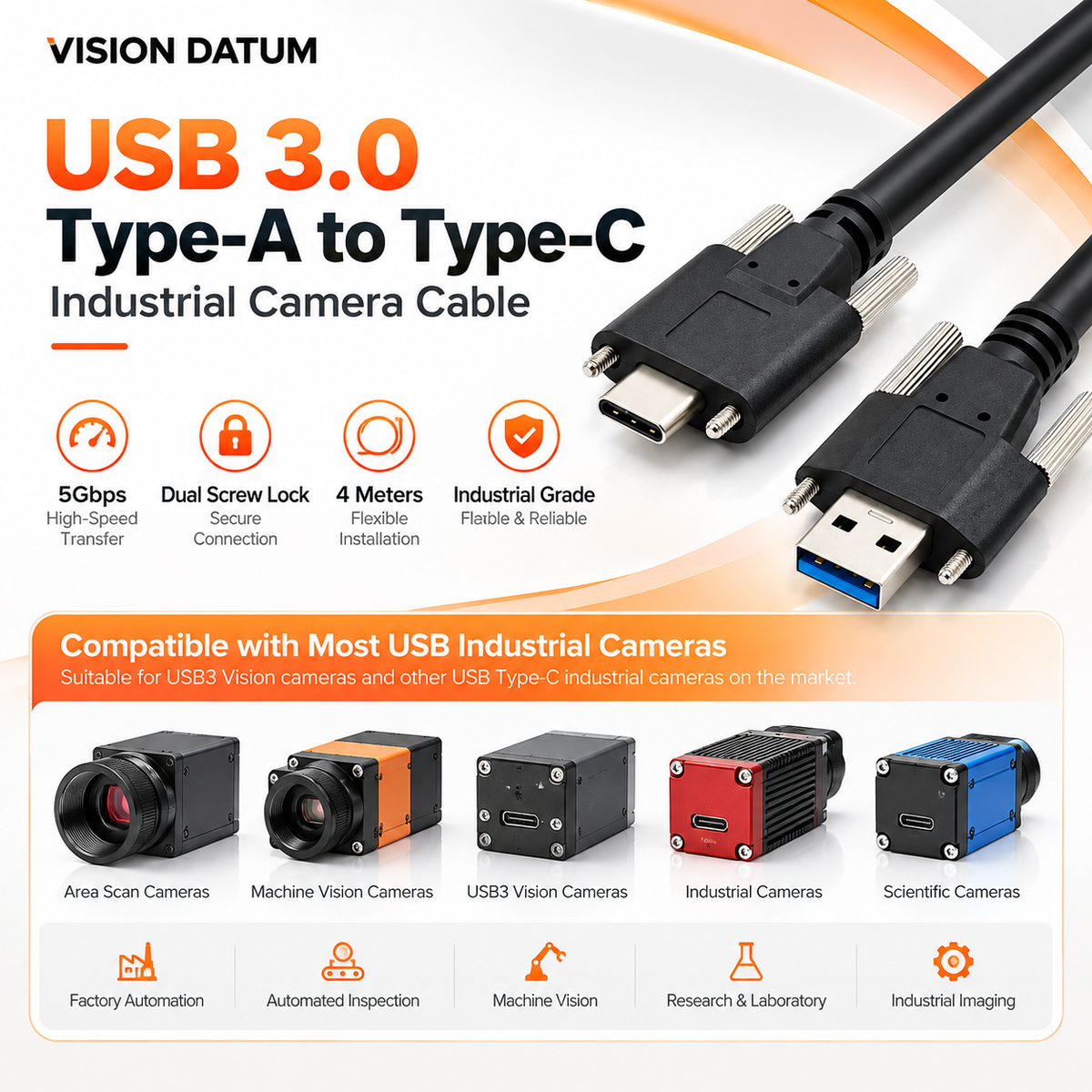 VT-U3C-4M-C1 4m USB 3.0 Type-A to USB-C Dual Screw Lock Industrial Camera Cable