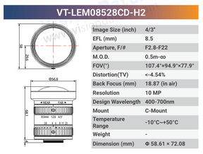 VT-LEM-CD-H2 4/3" 10MP C-Mount Fixed Lens 400–700nm – Low Distortion Industrial Lens - Vision Datum