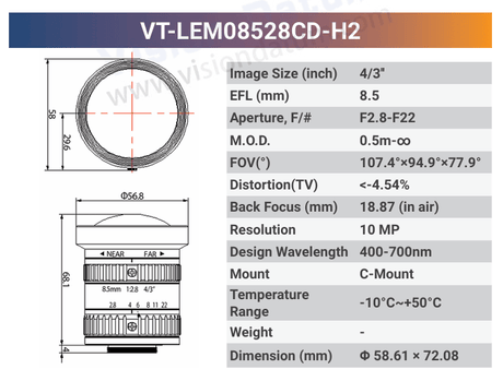 VT-LEM-CD-H2 4/3" 10MP C-Mount Fixed Lens 400–700nm – Low Distortion Industrial Lens - Vision Datum