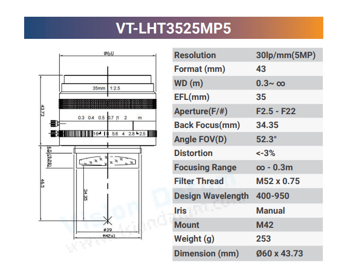 VT-LHF/T-MP5 5MP Large Format F/T Mount Lens for 4K Line Scan Cameras - Vision Datum