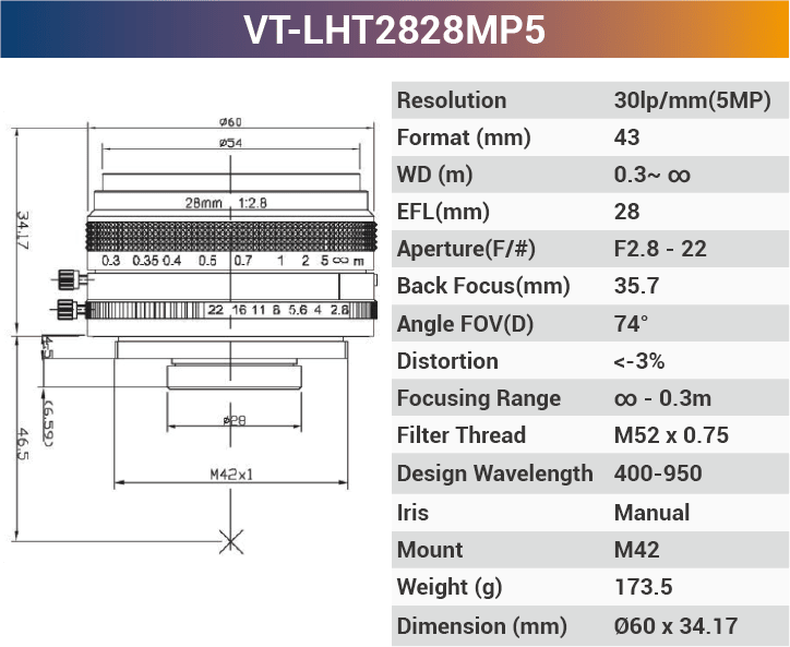 VT-LHF/T-MP5 5MP Large Format F/T Mount Lens for 4K Line Scan Cameras - Vision Datum