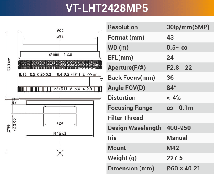 VT-LHF/T-MP5 5MP Large Format F/T Mount Lens for 4K Line Scan Cameras - Vision Datum